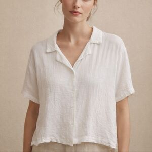 Jane+Delancey White Crinkle Gauze Short Sleeve Button Down Shirt Cropped Boho XL